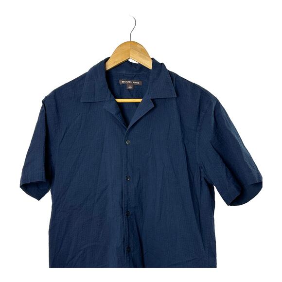 Michael Kors Midnight Navy Blue Textured Short Sleeve Button Down Shirt Medium - Picture 2 of 4